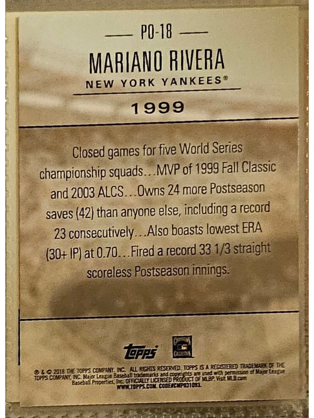 Mariano Rivera 2018 Topps Update Postseason Preeminence - black - Yankees #PO-18